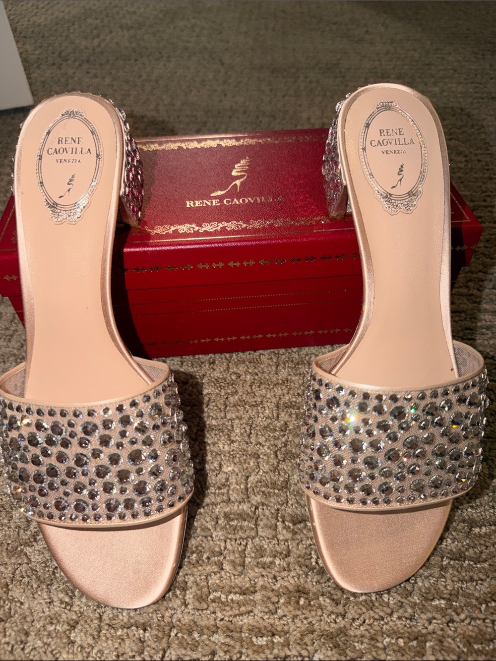 Rene Caovilla Blush Crystal-Embellished Slide Mules